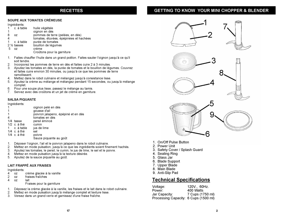 Euro-Pro FP105B Recettes, Getting to Know Your Mini Chopper & Blender, Soupe AUX Tomates Crémeuse, Salsa Piquante 