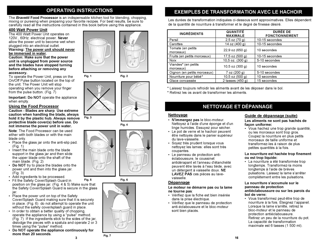 Euro-Pro FP105B owner manual Operating Instructions, Exemples DE Transformation Avec LE Hachoir, Nettoyage ET Dépannage 