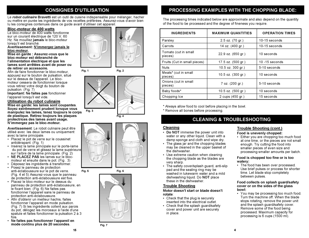 Euro-Pro FP105B Consignes D’UTILISATION, Processing Examples with the Chopping Blade, Cleaning & Troubleshooting 