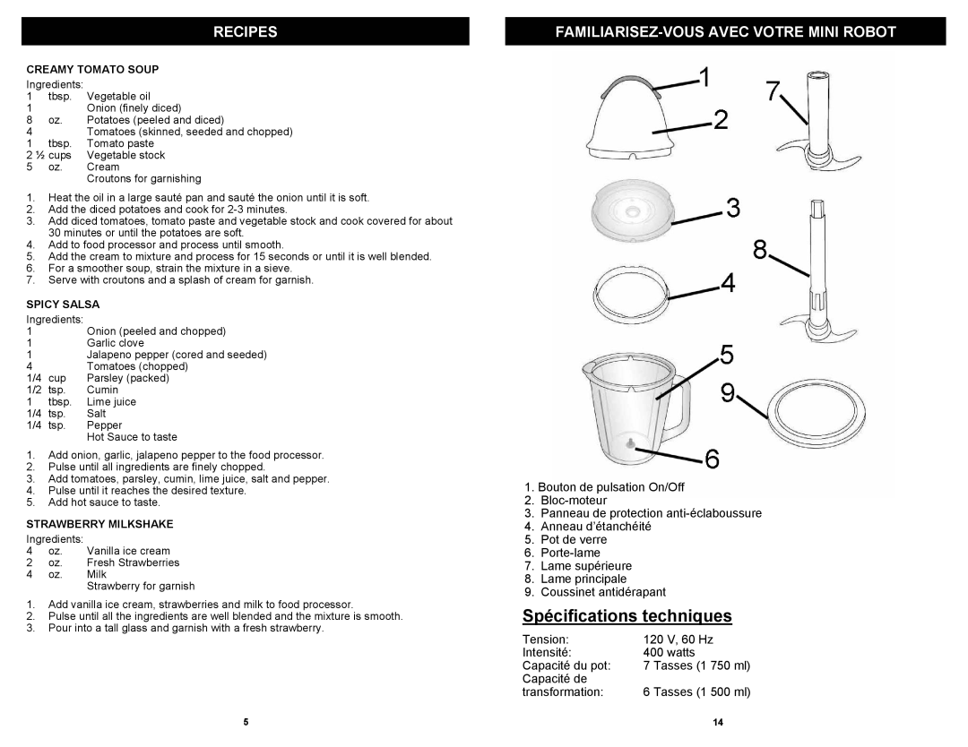 Euro-Pro FP105B Recipes, FAMILIARISEZ-VOUS Avec Votre Mini Robot, Creamy Tomato Soup, Spicy Salsa, Strawberry Milkshake 