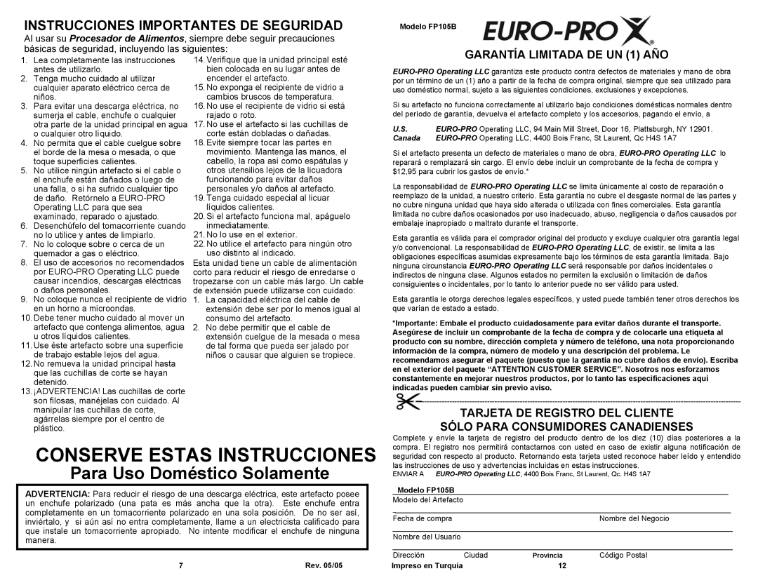 Euro-Pro FP105B owner manual Conserve Estas Instrucciones, Instrucciones Importantes DE Seguridad 