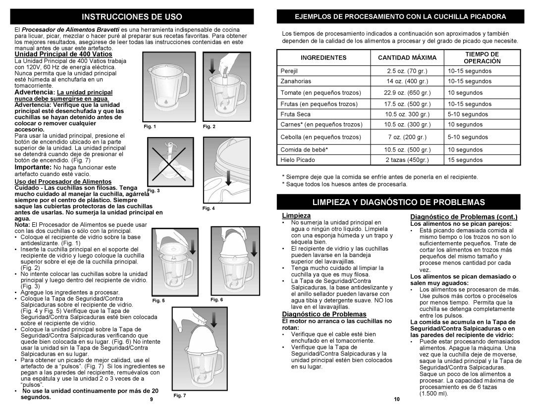 Euro-Pro FP105B owner manual Instrucciones De Uso, Limpieza Y Diagnóstico De Problemas, Unidad Principal de 400 Vatios 
