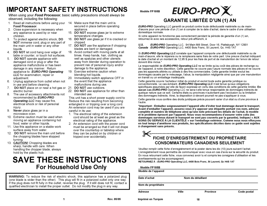 Euro-Pro FP105B Important Safety Instructions, For Household Use Only, GARANTIE LIMITÉE D’UN 1 AN, Save These Instructions 