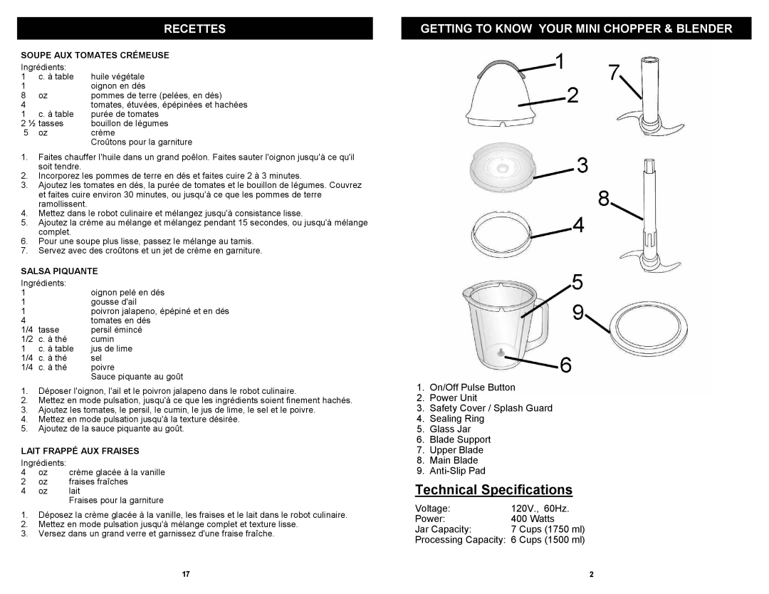 Euro-Pro FP105B owner manual Technical Specifications, Recettes, Getting To Know Your Mini Chopper & Blender 