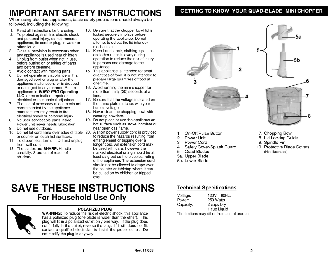 Euro-Pro FP107 owner manual Important Safety Instructions, Getting to Know Your QUAD-BLADE Mini Chopper 