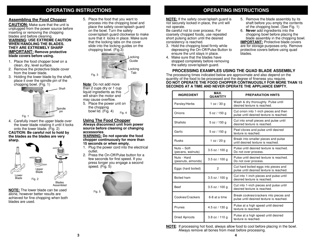 Euro-Pro FP107 owner manual Operating Instructions, Using The Food Chopper 