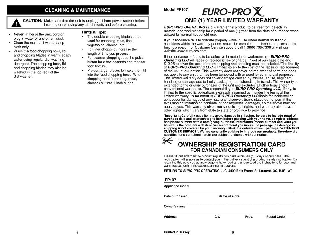 Euro-Pro owner manual Cleaning & Maintenance, Model FP107, Hints & Tips 