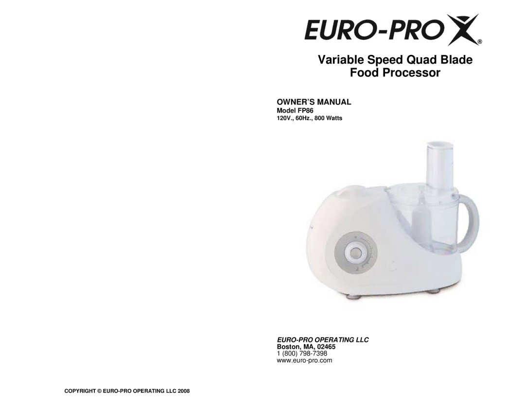 Euro-Pro owner manual Model FP86, Boston, MA 