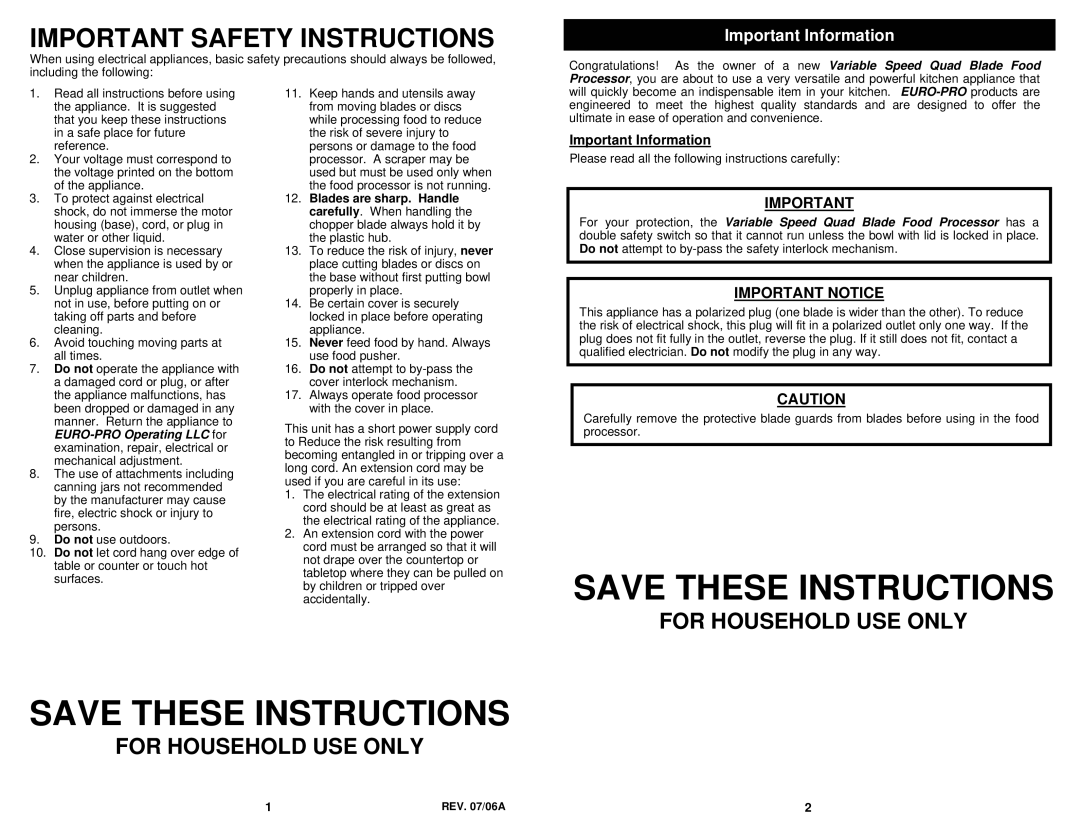 Euro-Pro FP86 owner manual For Household USE only, Important Information 