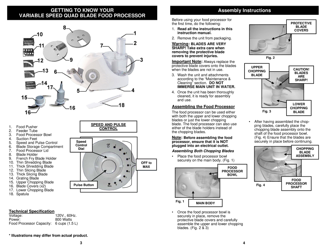 Euro-Pro FP86 owner manual Assembly Instructions, Assembling the Food Processor, Technical Specification 