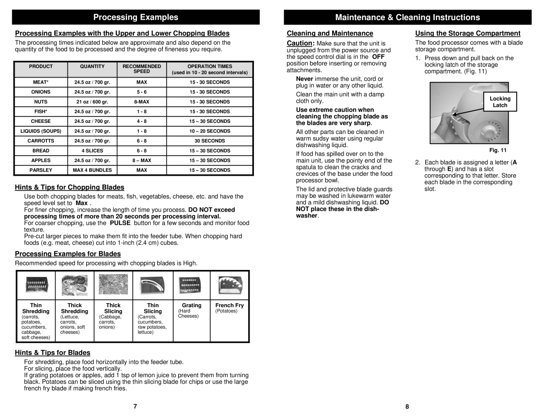 Euro-Pro FP86 owner manual Processing Examples Maintenance & Cleaning Instructions 