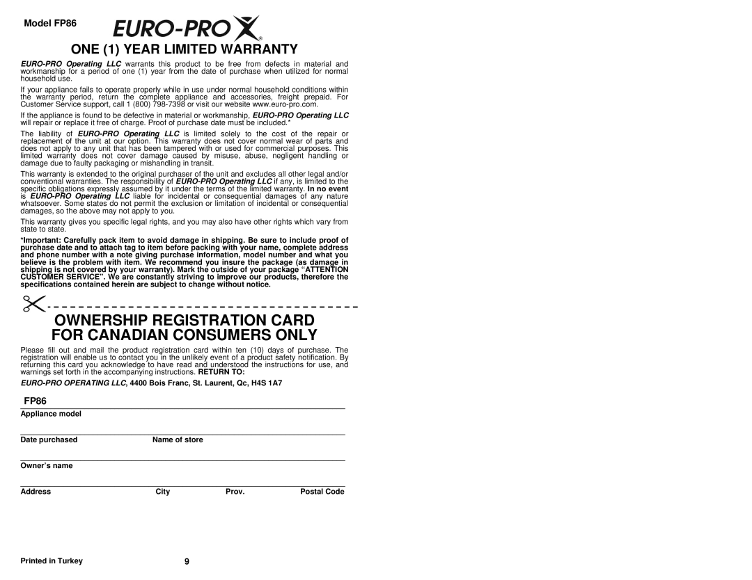 Euro-Pro FP86 owner manual Ownership Registration Card for Canadian Consumers only 