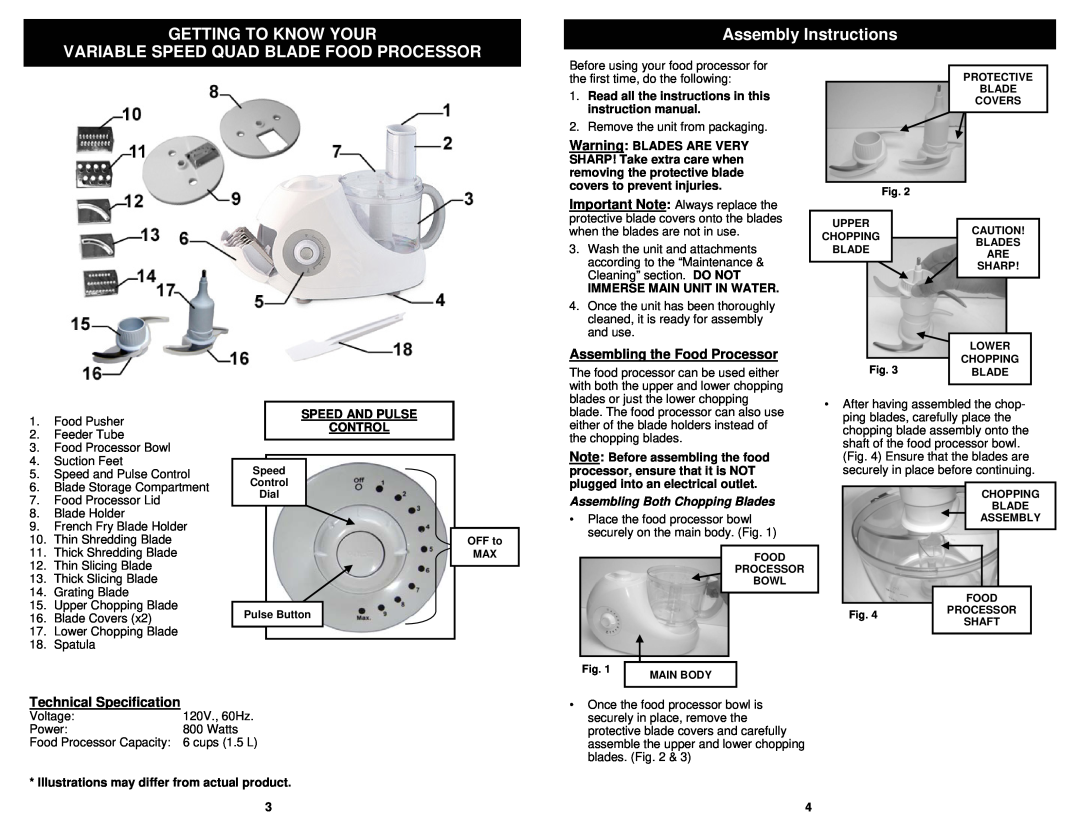 Euro-Pro FP86 owner manual Getting To Know Your, Variable Speed Quad Blade Food Processor, Assembly Instructions 