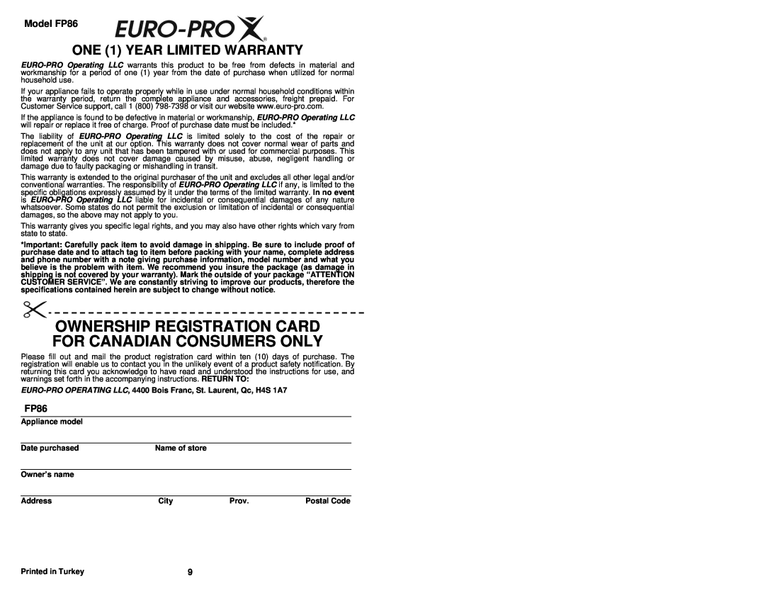 Euro-Pro owner manual ONE 1 YEAR LIMITED WARRANTY, Model FP86 