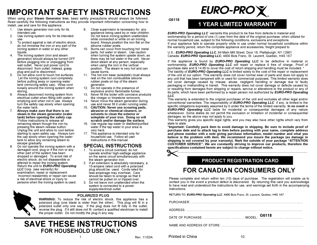 Euro-Pro G6118 owner manual For Household USE only, Product Registration Card 