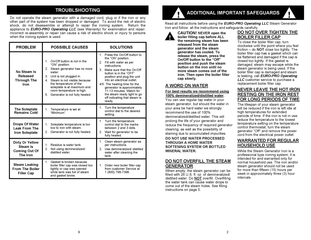 Euro-Pro G6118 owner manual Troublshooting, Additional Important Safeguards, Problem Possible Causes Solutions 