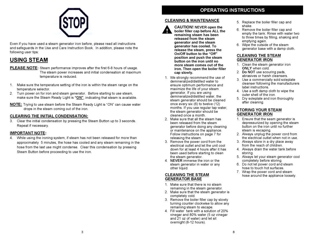 Euro-Pro G6118 owner manual Using Steam, Operating Instructions 