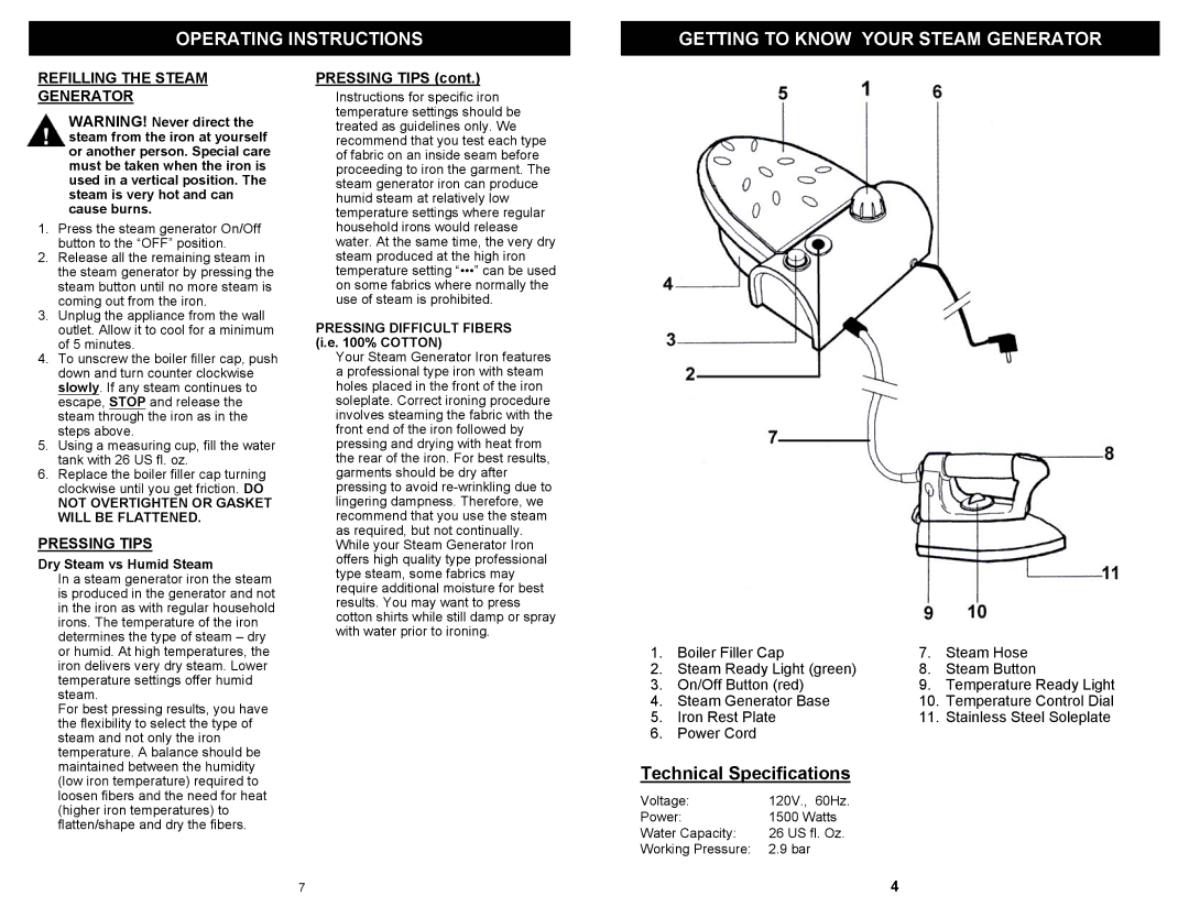 Euro-Pro G6118 Operating Instructions Getting to Know Your Steam Generator, Refilling the Steam Generator, Pressing Tips 