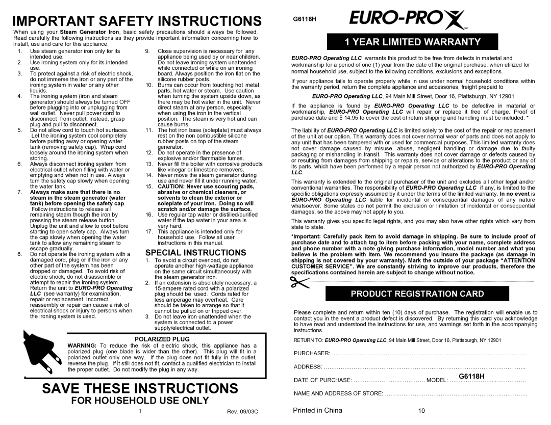 Euro-Pro G6118H owner manual For Household USE only, Product Registration Card 