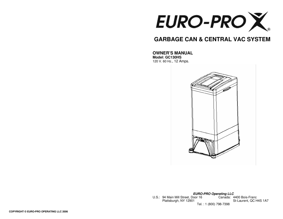 Euro-Pro owner manual Model GC130HS, EURO-PRO Operating LLC 