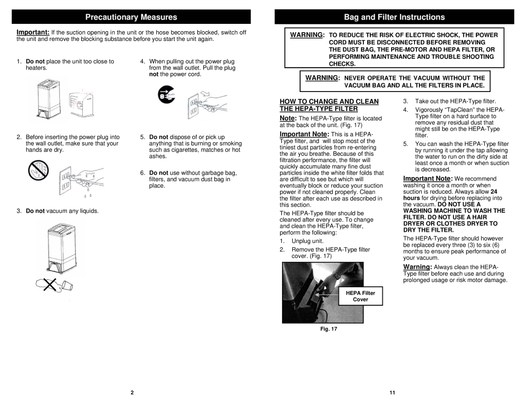 Euro-Pro GC130HS Precautionary Measures, Bag and Filter Instructions, HOW to Change and Clean the HEPA-TYPE Filter 