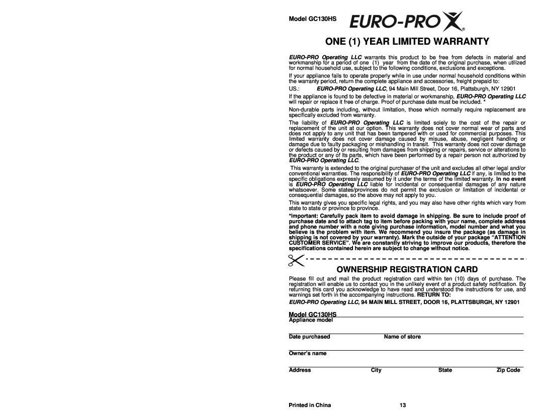 Euro-Pro GC130HS owner manual Ownership Registration Card, ONE 1 YEAR LIMITED WARRANTY 