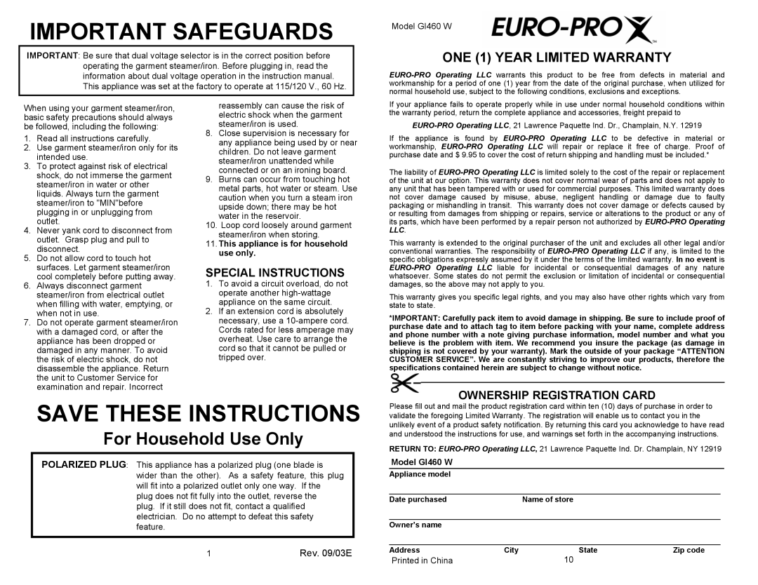 Euro-Pro GI460 W warranty Special Instructions, Ownership Registration Card 