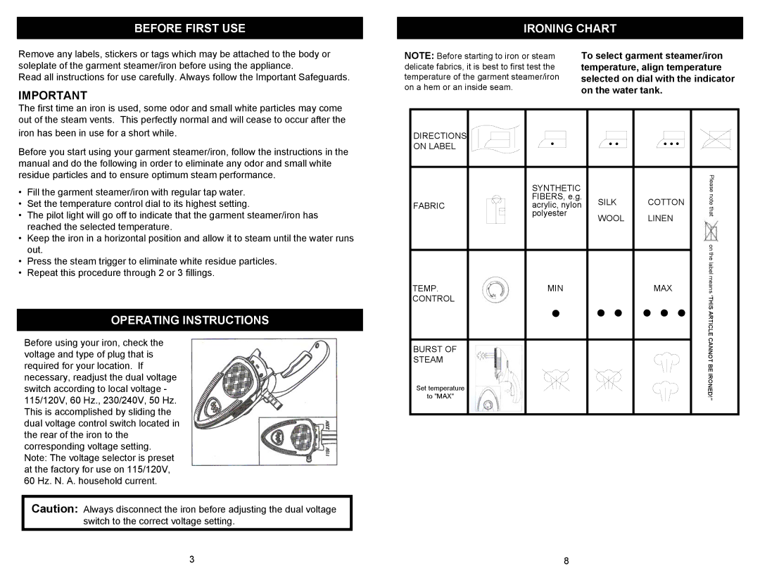 Euro-Pro GI460 W warranty Before First USE, Operating Instructions, Ironing Chart 