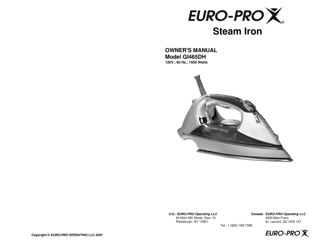 Euro-Pro GI465DH owner manual Steam Iron, 120V., 60 Hz., 1500 Watts 