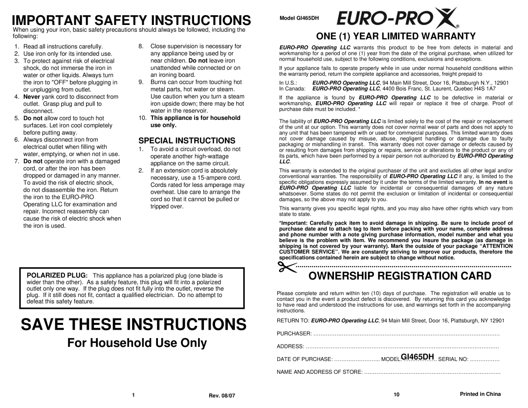 Euro-Pro GI465DH owner manual Special Instructions, This appliance is for household use only 