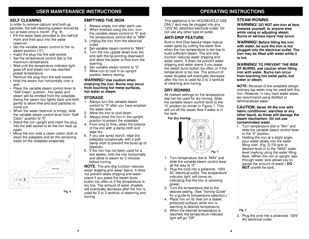 Euro-Pro GI465DH owner manual User Maintenance Instructions Operating Instructions 