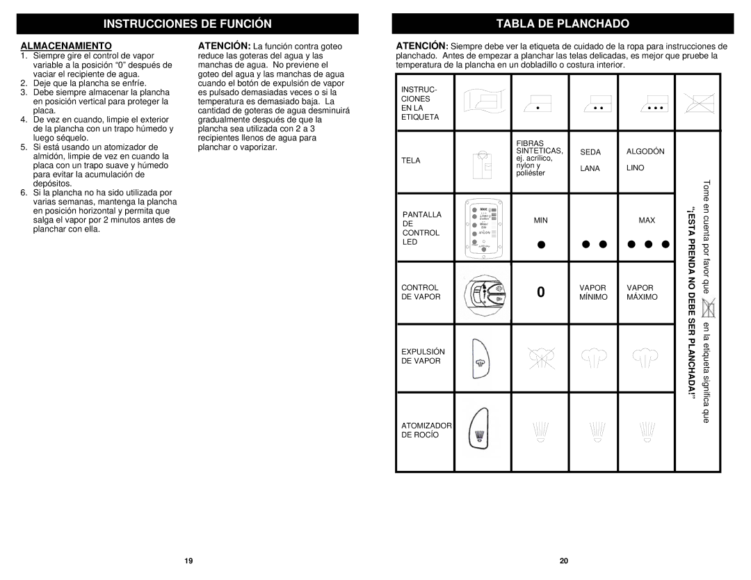 Euro-Pro GI468C owner manual Instrucciones DE Función Tabla DE Planchado, Almacenamiento 