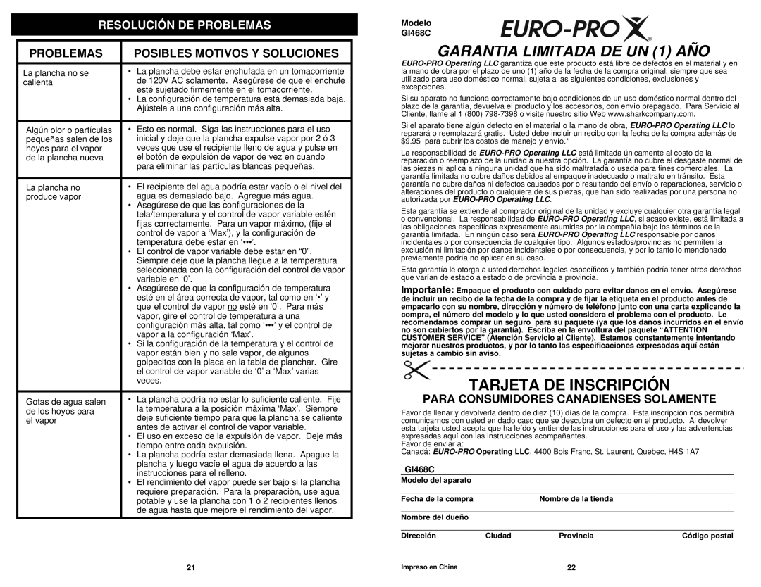 Euro-Pro GI468C owner manual Resolución DE Problemas, Problemas Posibles Motivos Y Soluciones 