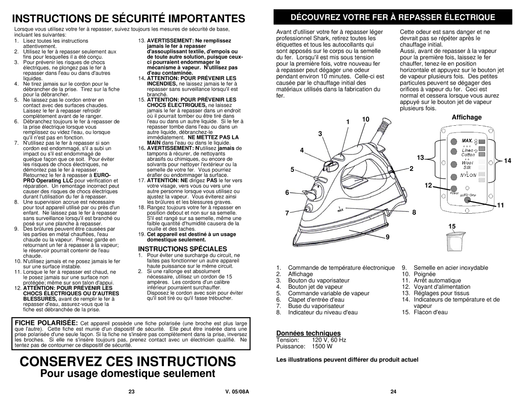 Euro-Pro GI468C owner manual Découvrez Votre FER À Repasser Électrique, Instructions Spéciales 