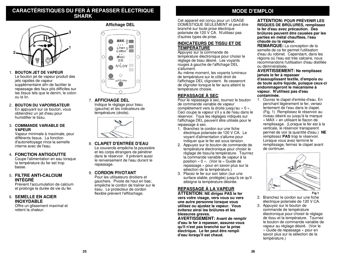 Euro-Pro GI468C Fonction Antigoutte, Affichage DEL, Clapet Dentrée Deau, Indicateurs DE Tissu ET DE Température 