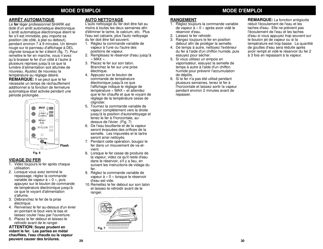 Euro-Pro GI468C owner manual Arrêt Automatique, Vidage DU FER, Auto Nettoyage, Rangement 