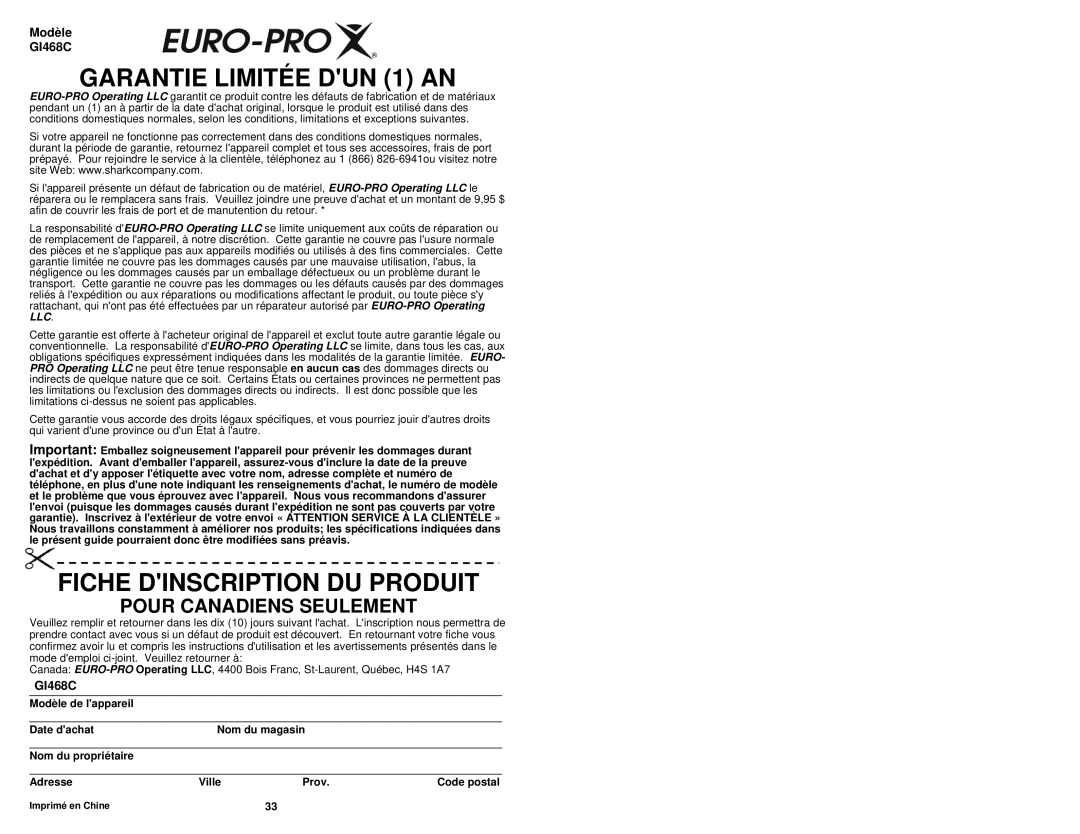 Euro-Pro GI468C owner manual Garantie Limitée DUN 1 AN 