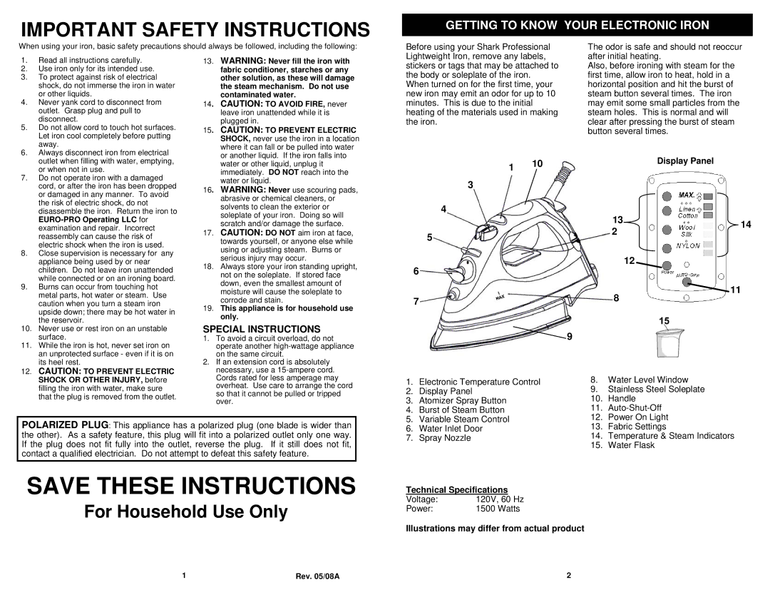 Euro-Pro GI468C owner manual Getting to Know Your Electronic Iron, Special Instructions 