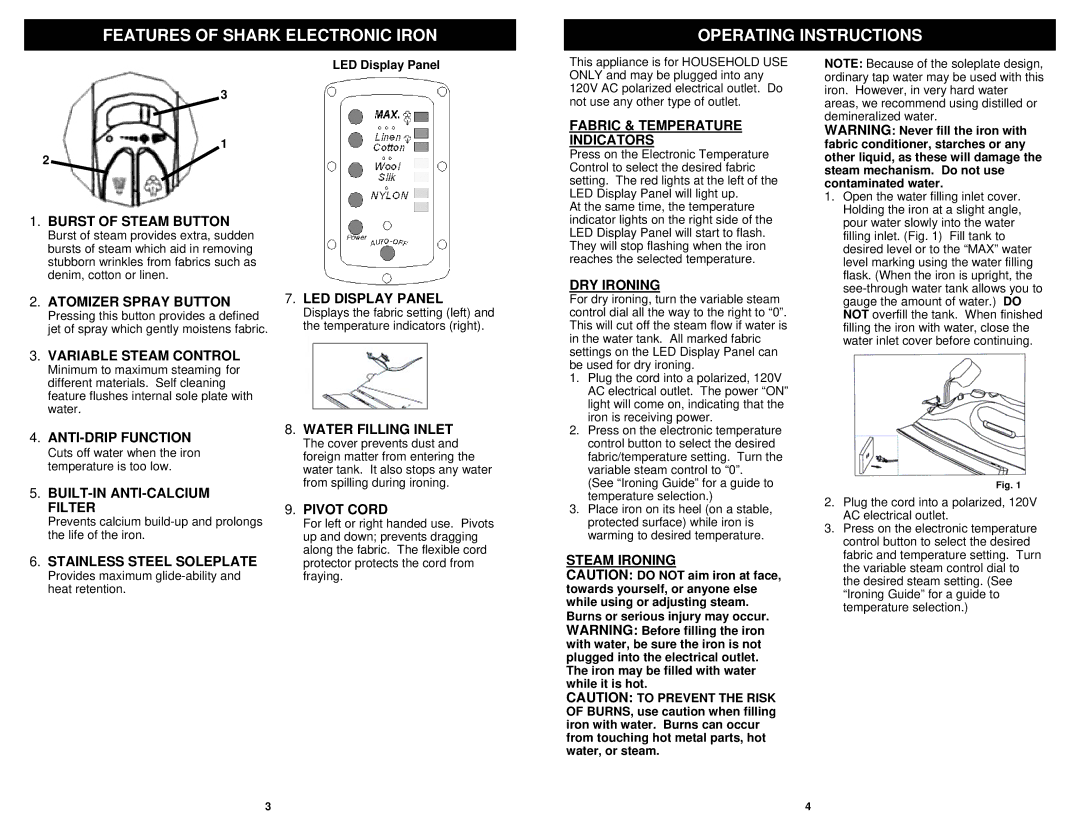 Euro-Pro GI468C owner manual Features of Shark Electronic Iron Operating Instructions 