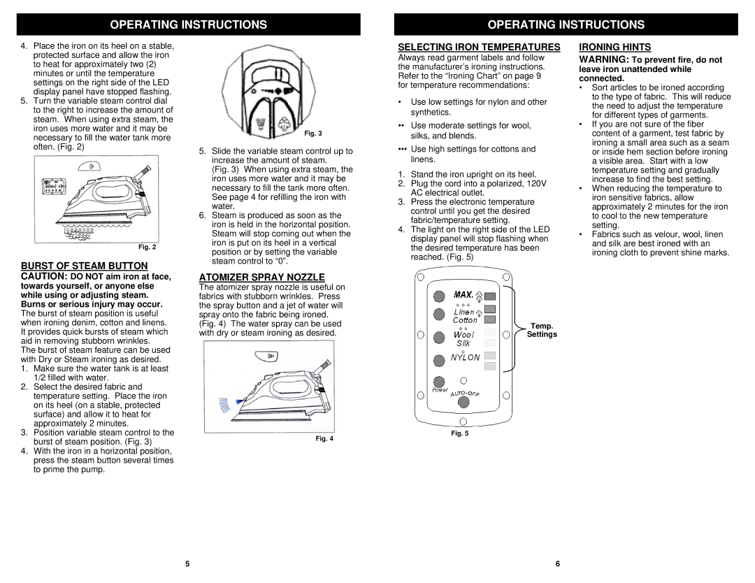 Euro-Pro GI468C owner manual Selecting Iron Temperatures, Ironing Hints, Atomizer Spray Nozzle 