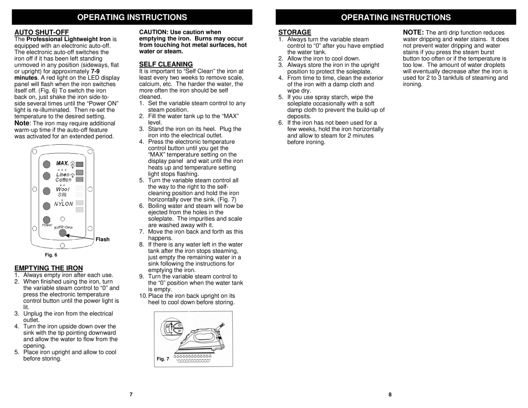 Euro-Pro GI468C owner manual Auto SHUT-OFF, Emptying the Iron, Self Cleaning, Storage 