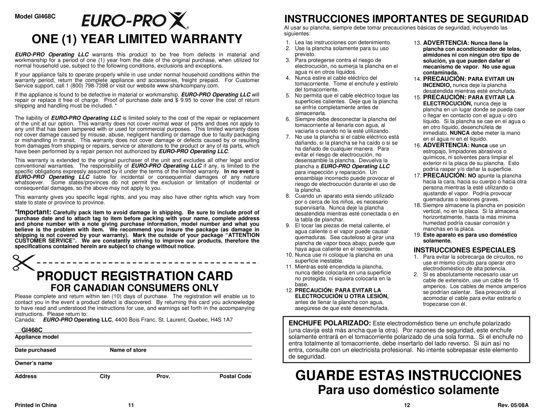 Euro-Pro GI468C owner manual ONE 1 Year Limited Warranty, Instrucciones Especiales 