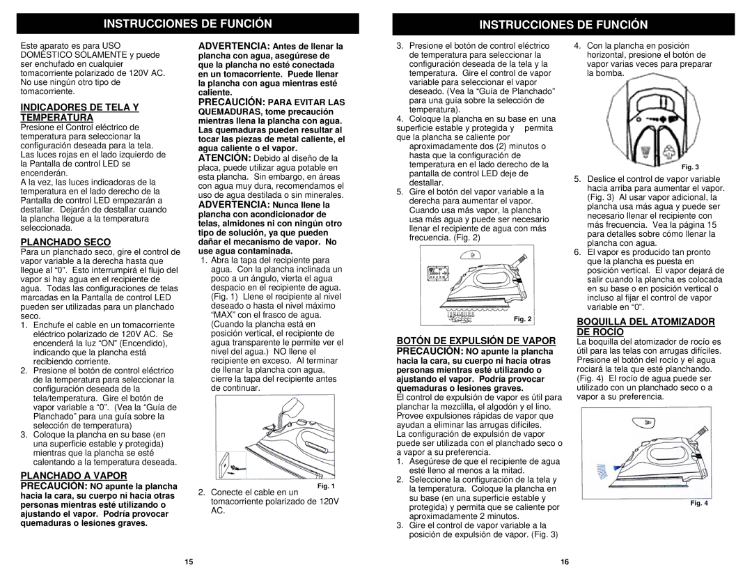 Euro-Pro GI468C owner manual Instrucciones DE Función, Indicadores DE Tela Y Temperatura, Planchado Seco 