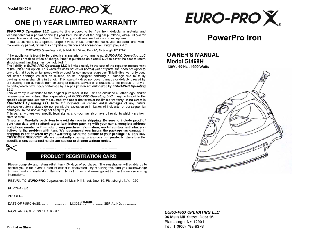 Euro-Pro owner manual Product Registration Card, Model GI468H, 120V., 60 Hz., 1600 Watts 