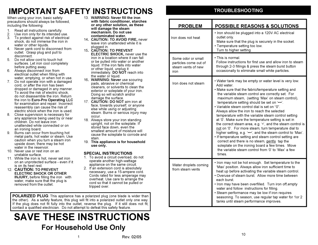 Euro-Pro GI468H owner manual Special Instructions, Contaminated water, This appliance is for household use only 