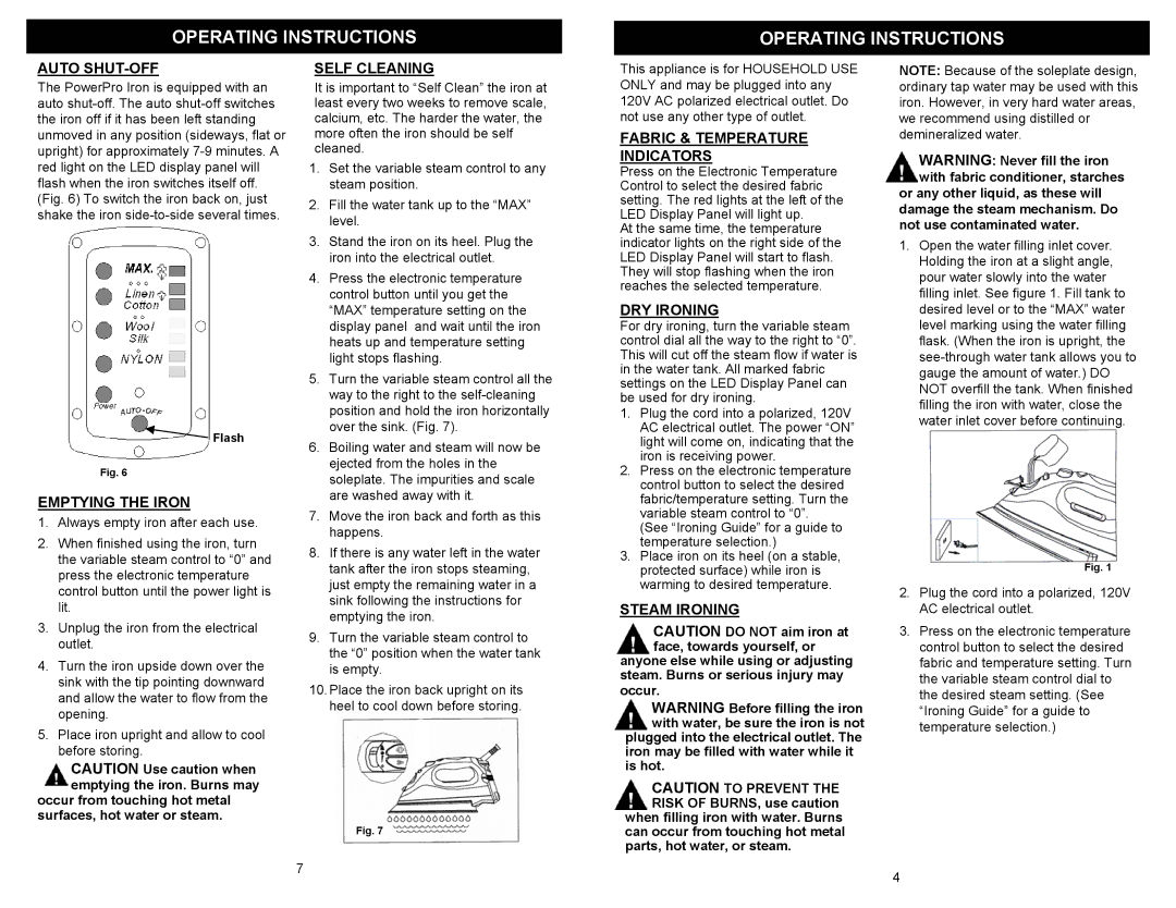 Euro-Pro GI468H owner manual Auto SHUT-OFF, Emptying the Iron, Self Cleaning, Fabric & Temperature Indicators, DRY Ironing 