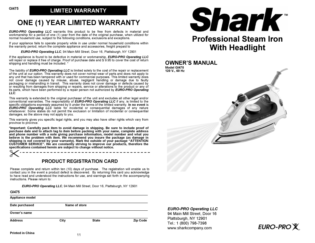 Euro-Pro GI475 owner manual ONE 1 Year Limited Warranty, Product Registration Card 