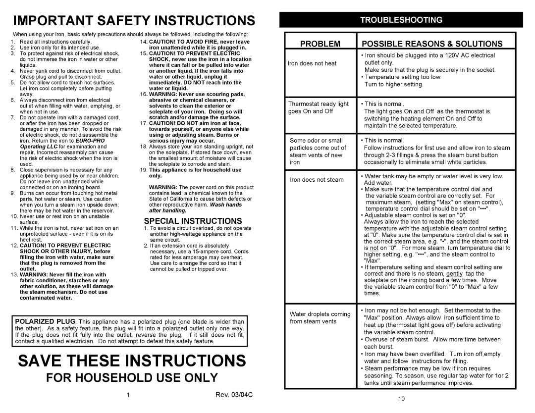 Euro-Pro GI475 owner manual For Household USE only, Special Instructions, Problem Possible Reasons & Solutions 