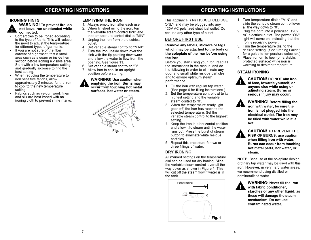 Euro-Pro GI475 owner manual Ironing Hints, Emptying the Iron, Before First USE, Steam Ironing, DRY Ironing 