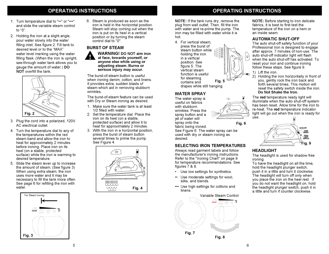 Euro-Pro GI475 owner manual Water Spray, Selecting Iron Temperatures, Automatic SHUT-OFF 